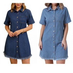 INSPIRE CHIC Women's Denim Button Front Frayed Hem Collared Short Sleeve Jean Shirt Dress 2 Packs - 1 of 4