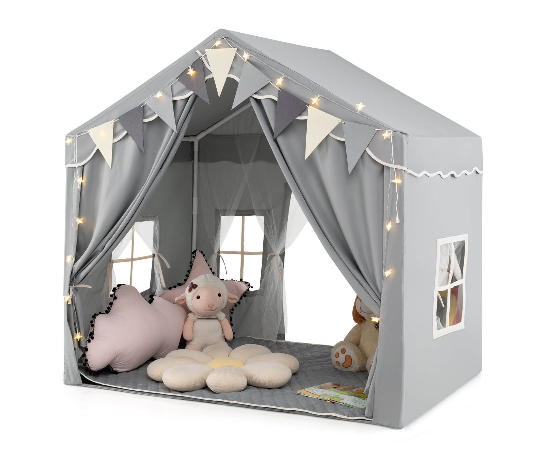 Infans 3-4 Kids Large Play Tent House w/ 2 Opening Doors Star Lights & Plaid Pennants