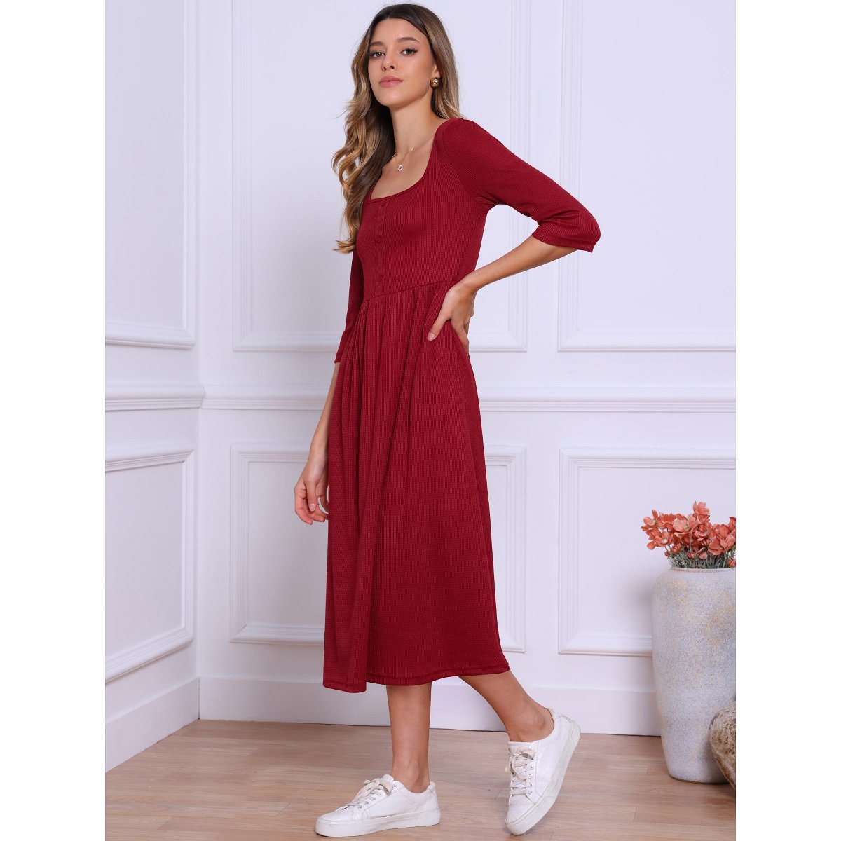 Женские платья INSPIRE CHIC Women's Square Neck 3/4 Sleeves Waffle Knit Casual Midi Dress Medium Dark Red — фото 4