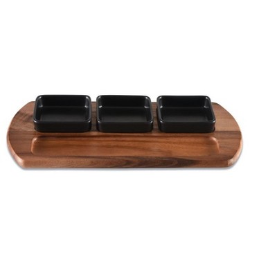 Kalmar  Home Acacia Wood Charcuterie/ Serving Tray w/ 3 black square ceramic bowls