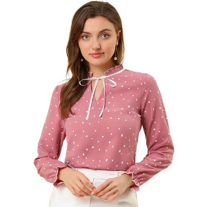 Allegra K Women's Bow Tie Neck Ruffled Collar Printed Long Sleeve Vintage Blouse - 1 of 4