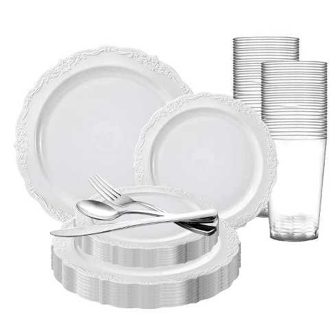 Smarty Had A Party 10 White Vintage Round Disposable Plastic Dinner Plates (120 Plates)