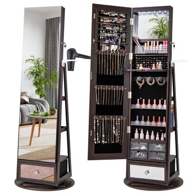 Tangkula 360° Swivel Jewelry Cabinet w/ Mirror Jewelry Storage Organizer Built-in Lights Dark Brown