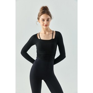 Clotth Women's Yoga Pure Color Long Sleeve Top - Ribbed Crop Top with Fixed Cup, Thin Strap Sports T-shirt, Waist-Slimming Fitness Wear,  Black - S - 1 of 4