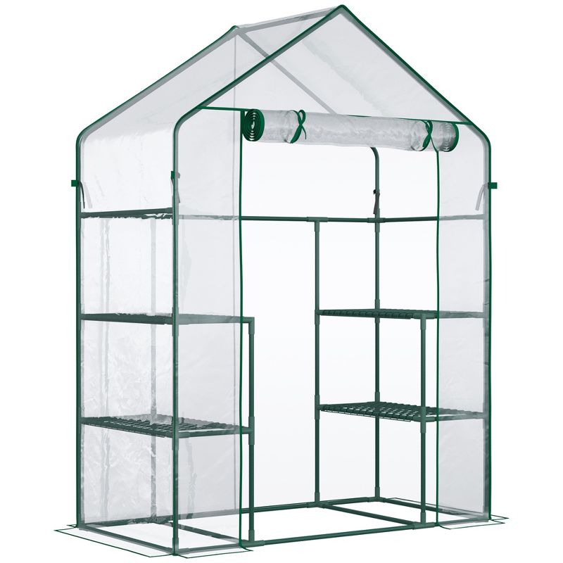 Outsunny 56" x 29" x 77" Mini Greenhouse, Walk-in Greenhouse, Garden Hot House with 4 Shelves, Roll-Up Door and Weatherized Cover, Clear, 1 of 7