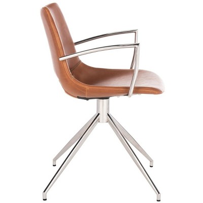 Dawn 32'' Mid-Century Modern Leather Swivel Arm Chair in Light Brown & Stainless Steel