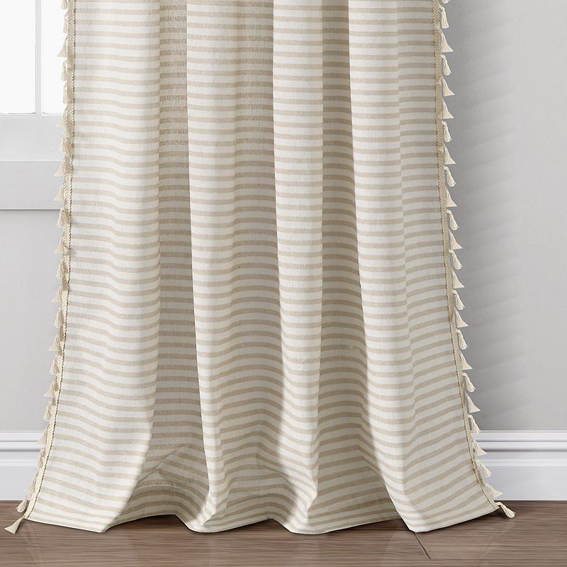 Boho Coastal Horizontal Ticking Stripe Tassel Window Curtain Panels Neutral 52X84 Set, 4 of 6
