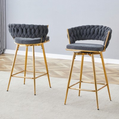 black 2-pack swivel bar stools with breathable cotton-linen cushions and rust-proof electroplated metal frames.