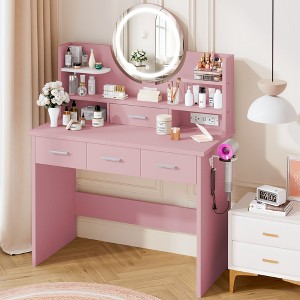 HYLEORY Vanity Desk with Mirror, Power Outlet and Light, Makeup Table with 3 Drawers,2 Color Modes Available for Bedroom - 1 of 4