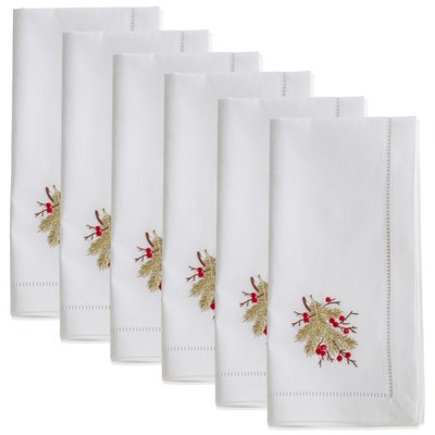 White Cotton Christmas Napkins with Embroidered Berry Branch, Set of 6