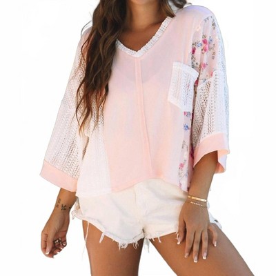 Women's Aubree Floral Lace Crochet Patchwork Blouse - Threaded Pear