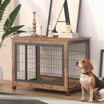 Furniture Style Dog Crate End Table,Double Doors Wooden Wire Dog Kennel with Pet Bed