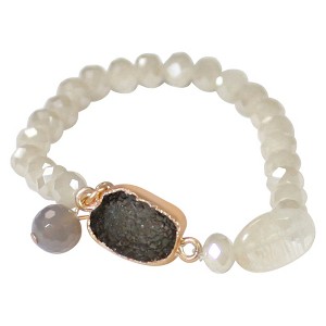 Zirconite Semi-Precious Roundel Beads Stretch Bracelet with Genuine Druzy Stone - Ivory, Women
