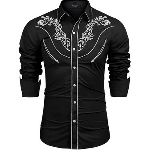 COOFANDY Men's Western Cowboy Shirt Long Sleeve Slim Fit Rose Embroidered Cotton Casual Button Down Shirts S-XXL - 1 of 4