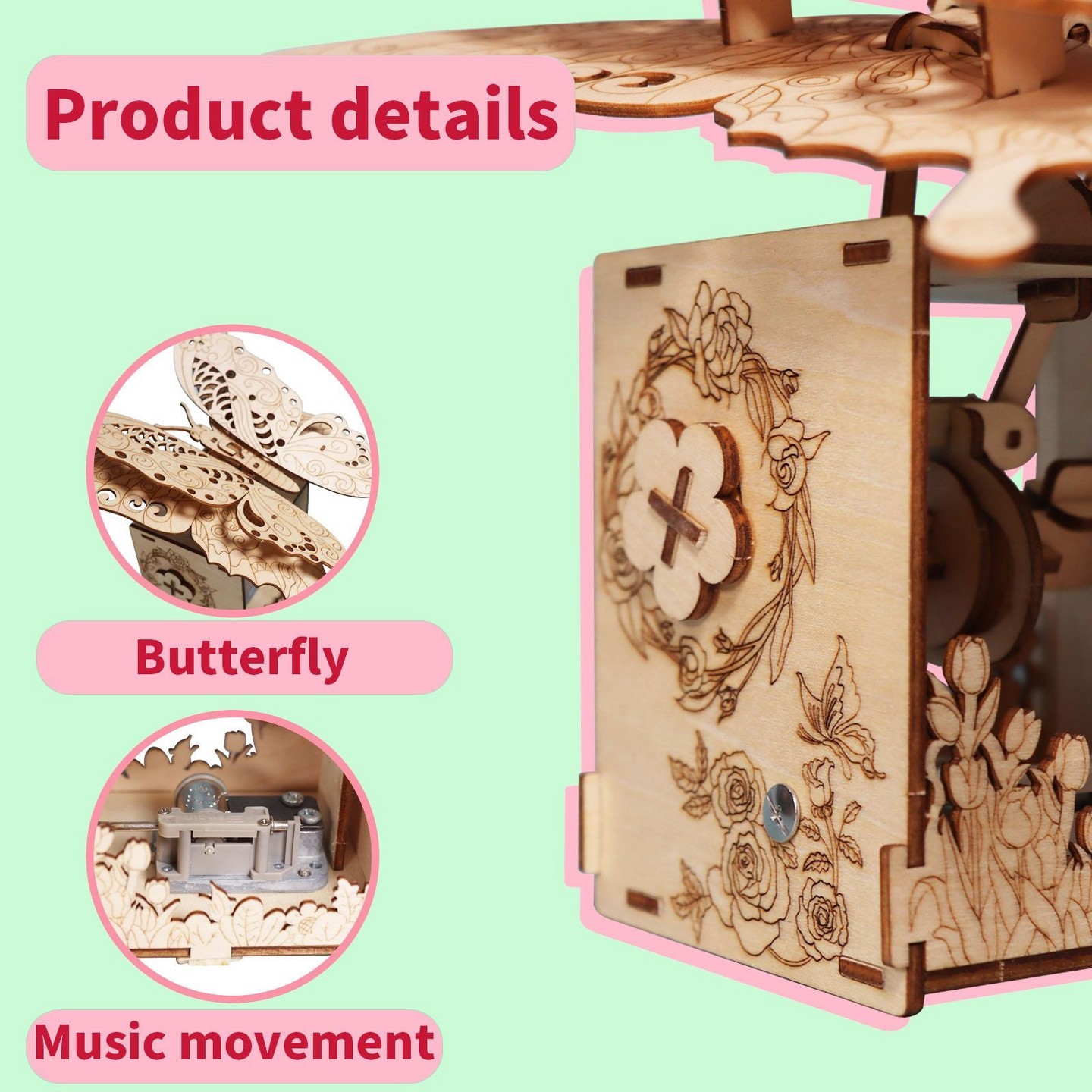 Детские куклы Aeelleea 3D Wooden Butterfly Music Box Puzzle Kit, 67-Piece DIY Model, You Are My Sunshine, Ages 14+ — фото 2