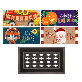 Evergreen Indoor Outdoor Doormat Bundle Set of 5 - Frame and 4 Welcome Seasonal Inserts Santa Ho Ho Ho Halloween Thanksgiving