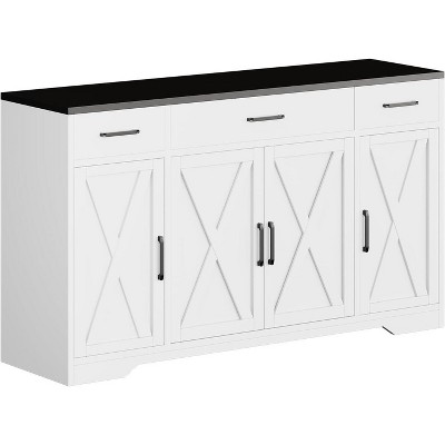 Acekool 55” Farmhouse Buffet Cabinet – Spacious Storage with Drawers for Kitchen, Dining & Living Room (White/Black)