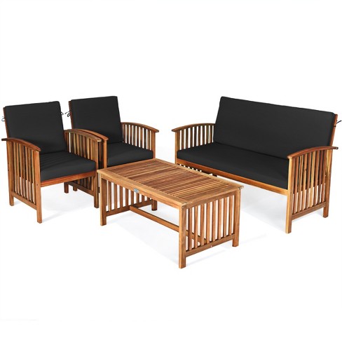 Tangkula 4PCS Patio Acacia Wood Sofa Set Conversation Couch Coffee Table with Cushions Black