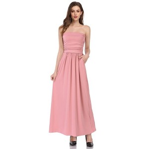 Women Strapless Floral Print Bohemian Boho Maxi Dress Casual Off Shoulder Beach Party Dress with Pockets - 1 of 4