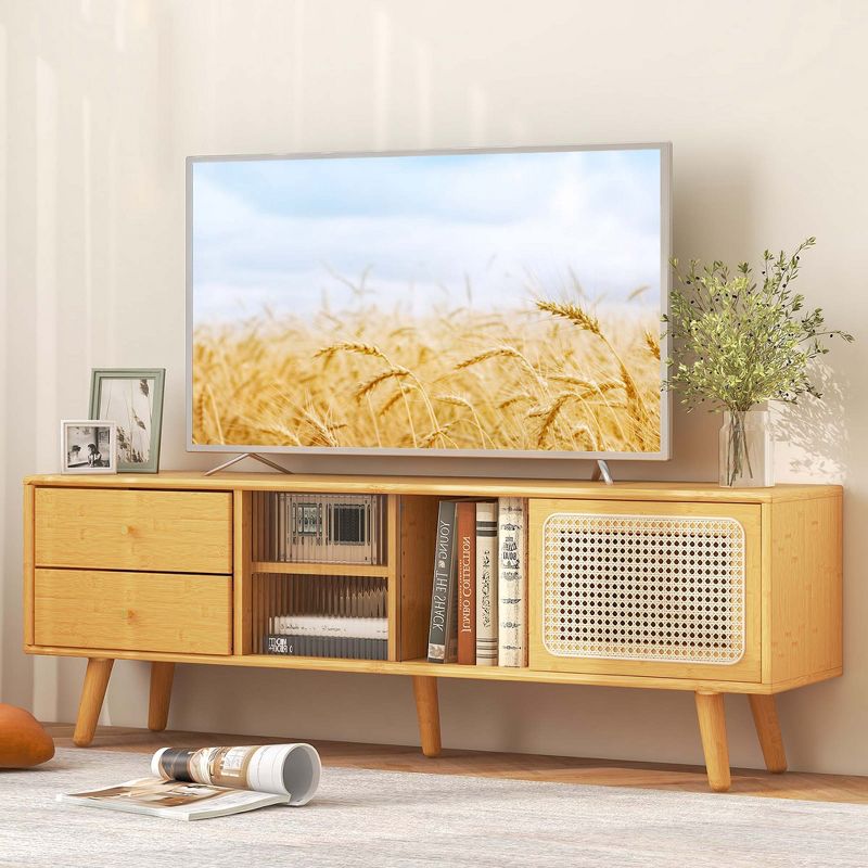 Costway Bamboo TV Stand Console Table with PE Rattan  Door & 2 Drawers for TV up to 65" Brown/Natural, 4 of 11