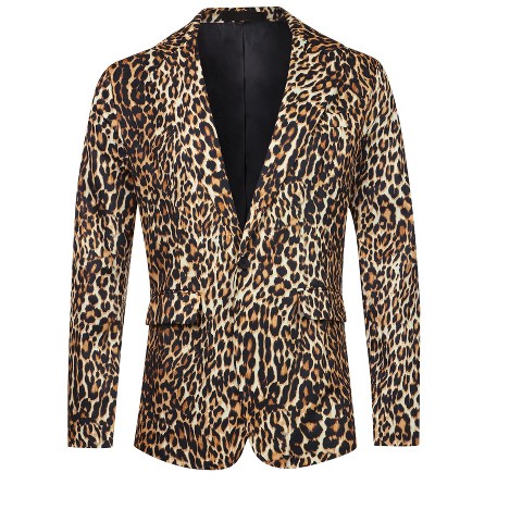 Lars Amadeus Men's Vintage Slim Fit One Button Party Animal Printed Blazer Brown Large