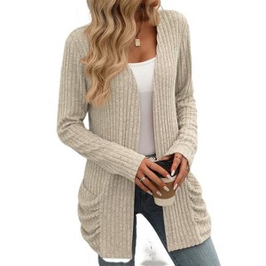Coolmee Womens Long Sleeve Lightweight Open Front V-Neck Casual Cardigan Sweaters Outerwear with Pockets - 1 of 4