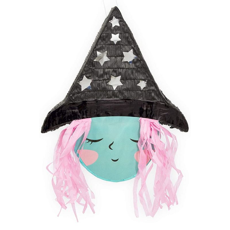 Spooky Central Cute Witch Pinata for Halloween Party Supplies, Silver Foil Stars, Pink Hair, 16 x 13 x 3 In, 5 of 7