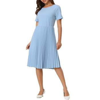 Hobemty Women's Pleated Knee Length Short Sleeve Work A-Line Dress