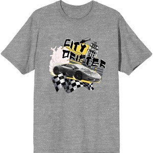 City Drifter Race Car With Flag And Clock Tower Adult Crew Neck Short Sleeve Tee - 1 of 2