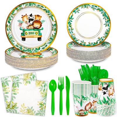 DYLIVeS 168 Pcs Safari Animal Party Decorations,Jungle Theme Party Supplies Wild Zoo Disposable Tableware -Dinner Dessert Plates,Napkins Cups Cutlery