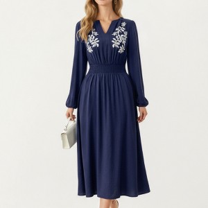 Anna-Kaci Women's Long Sleeve Embroidered Midi Dress with Smocked Waist and V-Neckline - 1 of 4