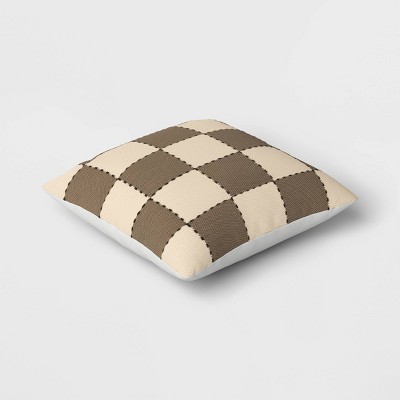 18&#34;x18&#34; Checkerboard Square Outdoor Throw Pillow Brown/Beige - Threshold&#8482;