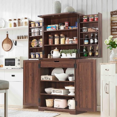 SinCiDo Farmhouse Kitchen Pantry with Barn Doors and Adjustable Shelves, Storage Cabinet, Rustic Wood Cupboard for Kitchen