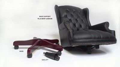 Elegant High-Back Swivel Banker Chair in Black Vinyl and Mahogany Wood