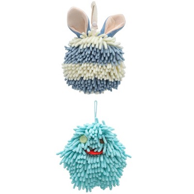 REGALWOVEN 2 Packs Fluffy Chenille Rabbit Shape Cute Soft Absorbent Hanging Ball Hand Towels 7" x 7"