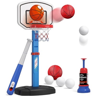 Toddler 2 in 1 Sports Toy Basketball and Baseball Set with Auto Pitcher Indoor Outdoor Blue for Ages 1-5