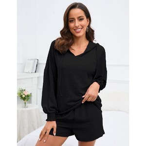 2 Piece Lounge Sets for Women V Neck Lantern Long Sleeve Hooded Top and Drawstring Shorts Sweatsuit Outfits - 1 of 4