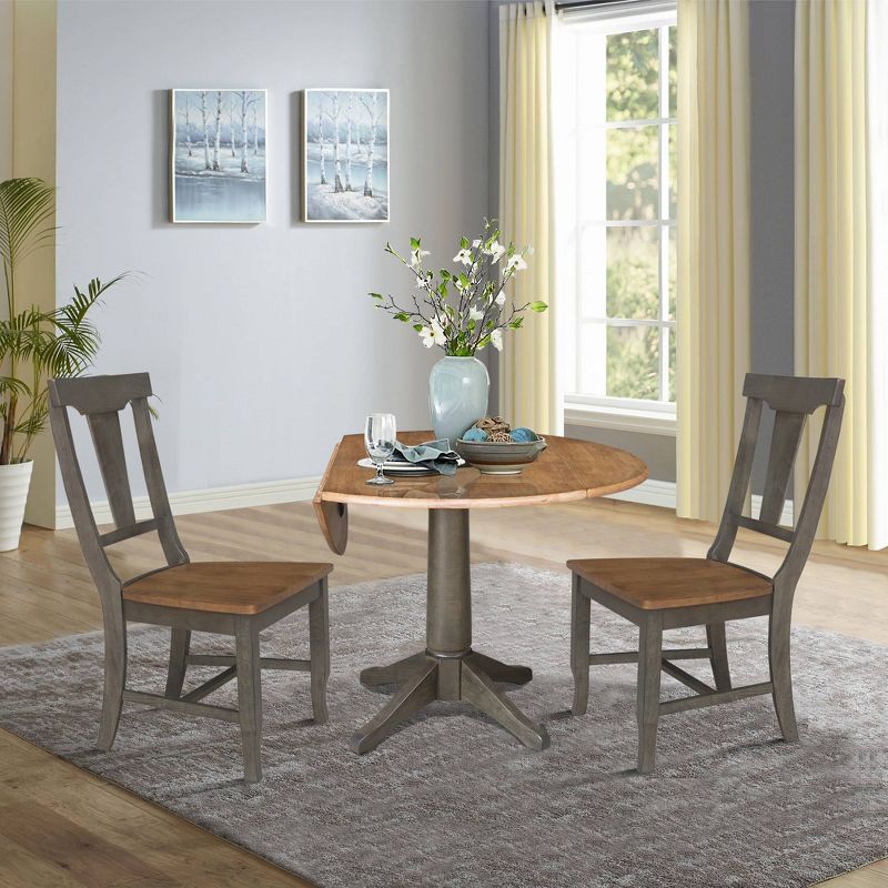 42&#34; Round Dual Drop Leaf Dining Table with 2 Panel Back Chairs Hickory/Washed Coal - International Concepts, 4 of 11