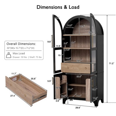 GDFStudio Shane 71" Tall Arched Kitchen Pantry Cabinet with Glass Doors, Adjustable Shelves and Hidden Drawer, Black — фото 4