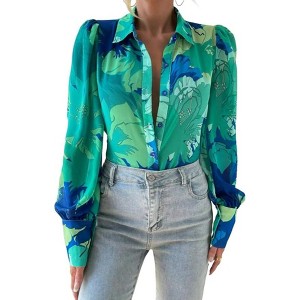 Zeagoo Womens Shirts Button Down Printed Lantern Long Sleeve Blouse Fashion Casual Tops - 1 of 4