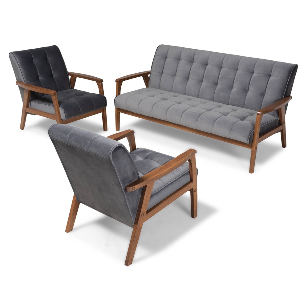 Photos - Storage Combination Asta Velvet Upholstered Wood Living Room Set Gray/Walnut - Baxton Studio