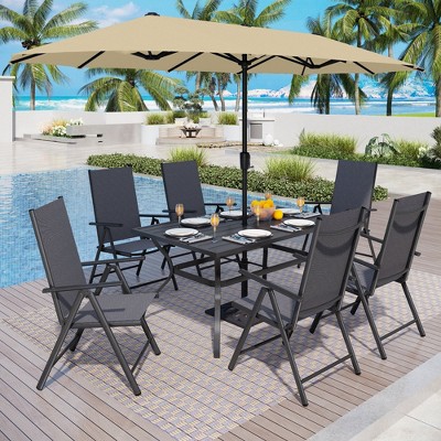 Captiva Designs 8pc Patio Slat-top Rectangle Table & Textilene Reclining Foldable Chairs & 13ft Large Umbrella