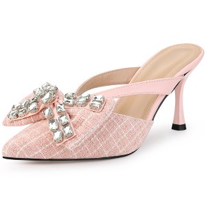 Allegra K Women's Pointed Toe Sparkly Rhinestone Bow Stiletto Heels Mules - 1 of 4