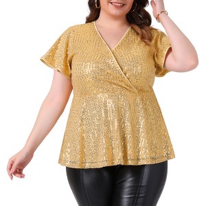 Women's Plus Size Sequin Metallic Faux Wrap V Neck Short Sleeve Glitter Party Peplum Blouses - Agnes Orinda - 1 of 4