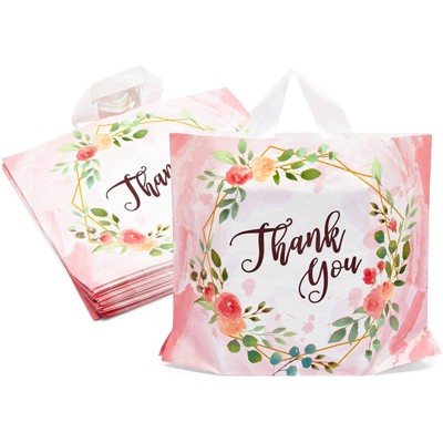 Stockroom Plus 50 Pack Floral Thank You Bags for Grocery Shopping, Retail Plastic Bags (Pink, 15 x 12 in)