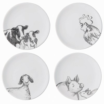 Transpac Ceramic Farm Sketch Plate Set of 4 Spring Home Decorations
