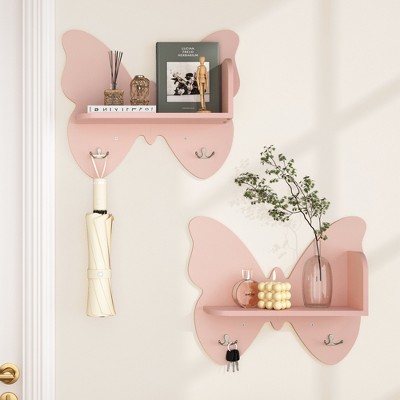 Butterfly Shaped 2 Tier Wall Shelves with Hooks, Small Floating Shelves, Cute Butterfly Wall Decor, Nursery Book Shelves for Bedroom, Living Room