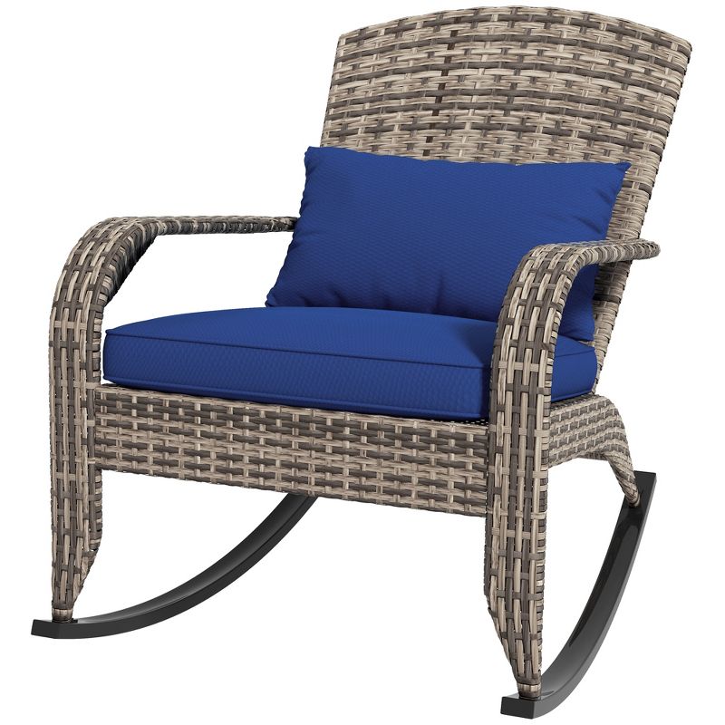 Outsunny Outdoor Wicker Adirondack Rocking Chair, Patio Rattan Rocker Chair with High Back, Seat Cushion and Pillow for Porch, Balcony, 4 of 7