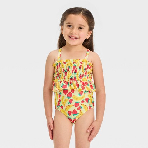 Toddler Girls Smocked One Piece Swimsuit Cat Jack Yellow 5t