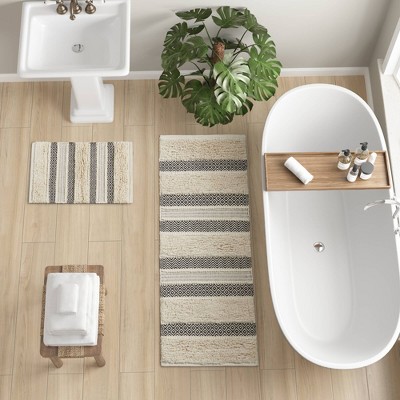 Nordic Beige and Brown Shaggy Patterned Bathroom Rug
